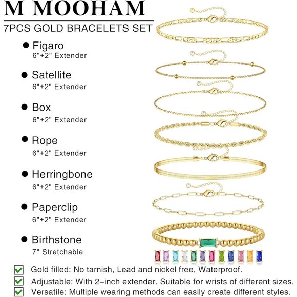 Gold Birthstone Bracelets Stack for Women, 14K Real Gold Plated Beaded Bracelets - Picture 5 of 8